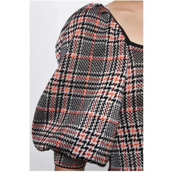 NWT Zara Bodycon Houndstooth Plaid Knit Dress Boat Halter Neck Black/Orange Sz L - Picture 6 of 16